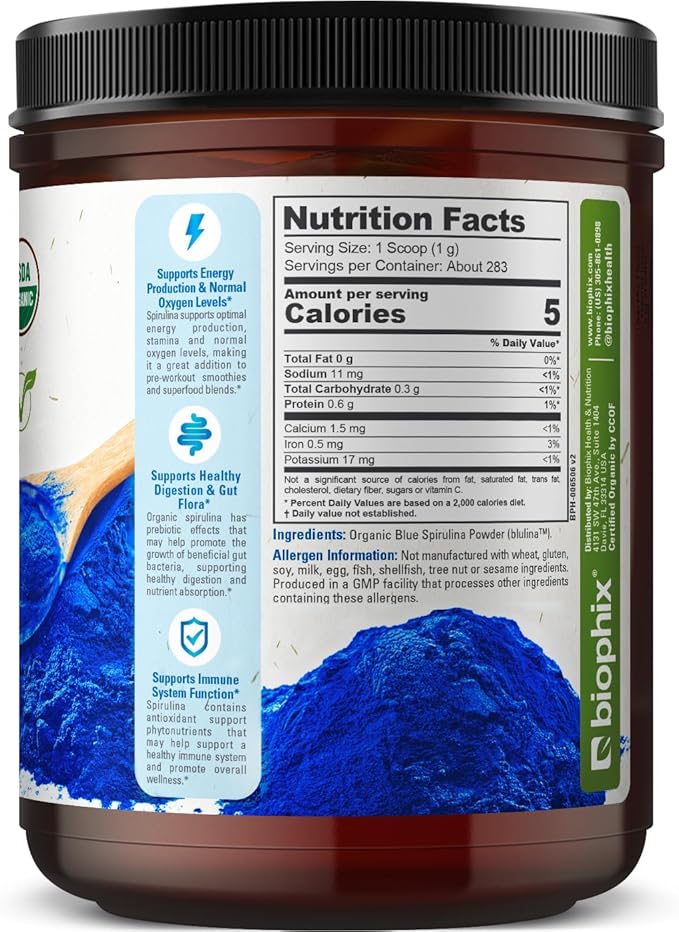 biophix Blue Spirulina Powder Organic Blulina 10 oz - Algae Organic Spirulina Powder 283 Servings - Superfood Supplement - Natural Blue Pigment - Espirulina en Polvo Organica Pura Azul