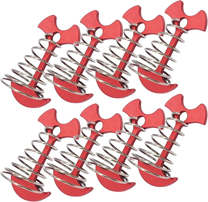 8 pcs Aluminium Alloy 3 inch Fishbone Tent Stakes Deck Anchor Pegs with Spring Rope Buckle Hook Cord Adjuster Tensioner Kit for Camping on Wood Platform Red