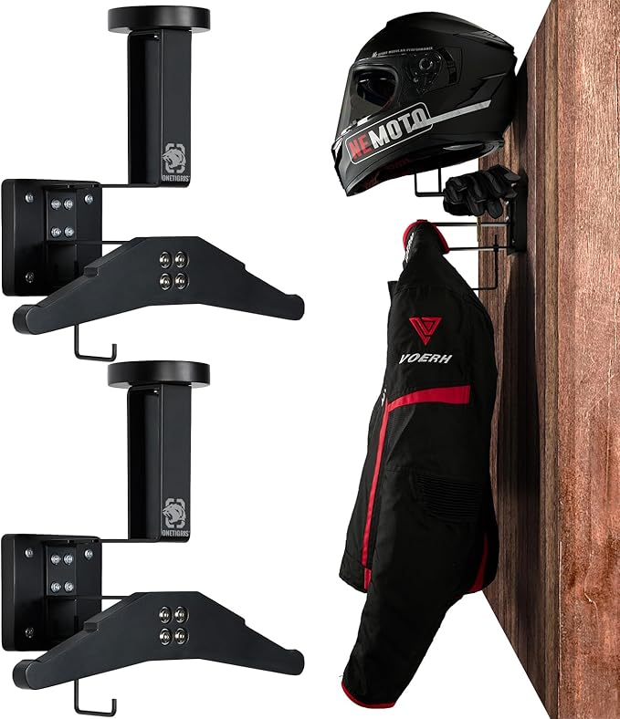 OneTigris Motorcycle Helmet Holder Wall Mount, Tactical Gear Holder with Helmet Stand and Plate Carrier Hanger, Solid Wood Wall Rack Organizer & Display for Police, Football, Cycling Gear