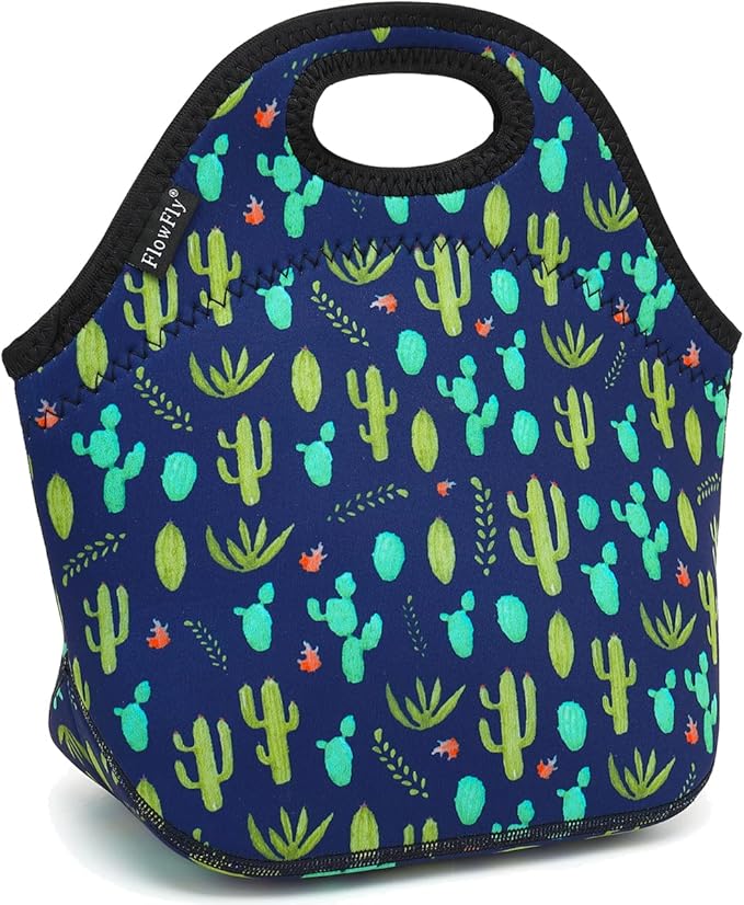 FlowFly Neoprene Lunch Tote Insulated Thermal Reusable Lunch Bag Box for Boys Men with Zipper (Cactus)