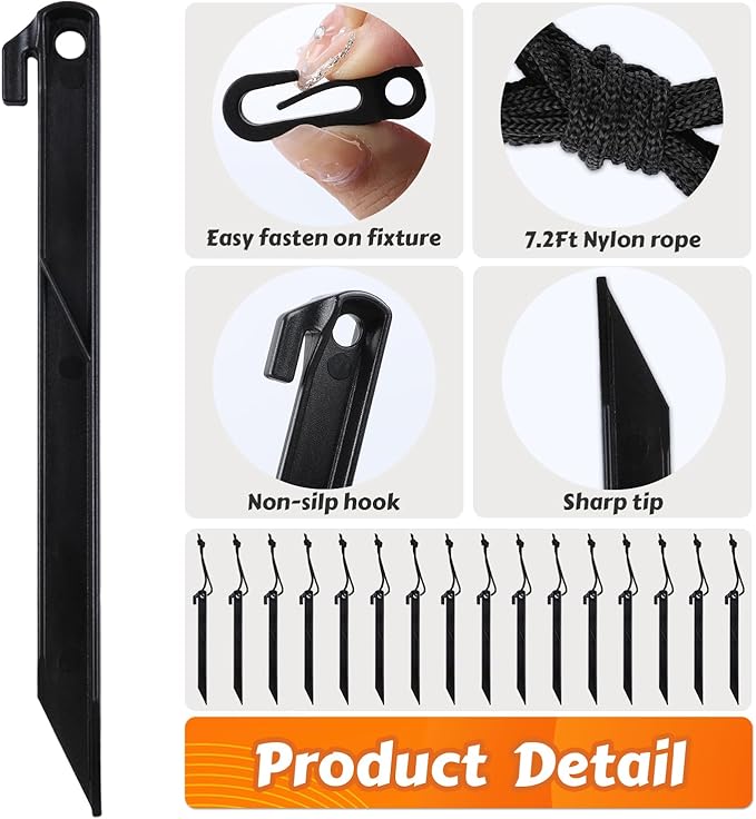 48pcs Camping Tent Stakes, Ground Stakes Plastic Inflatable Stakes Fixing Replacement for Yard, Inflatable Accessories with Hooks & Tethers for Christmas Outdoor Party Garden Decorations