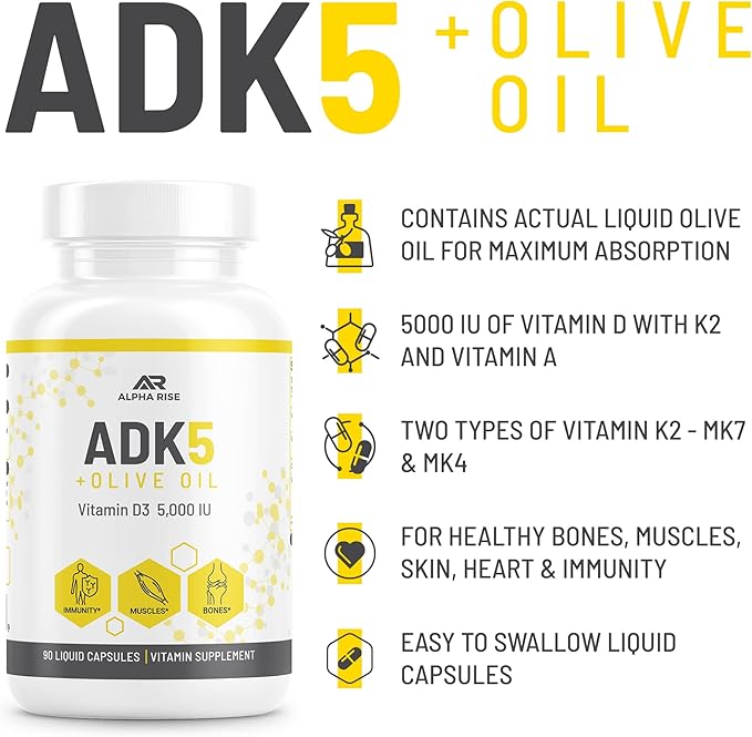 ADK Vitamin Supplement + Olive Oil for Better Absorption | ADK 5 Supplement with Vitamin A D and K | 5000 iu of Vitamin D3 + K2 (MK7+MK4) | 90 Liquid Capsules | Vegetarian | Non-GMO