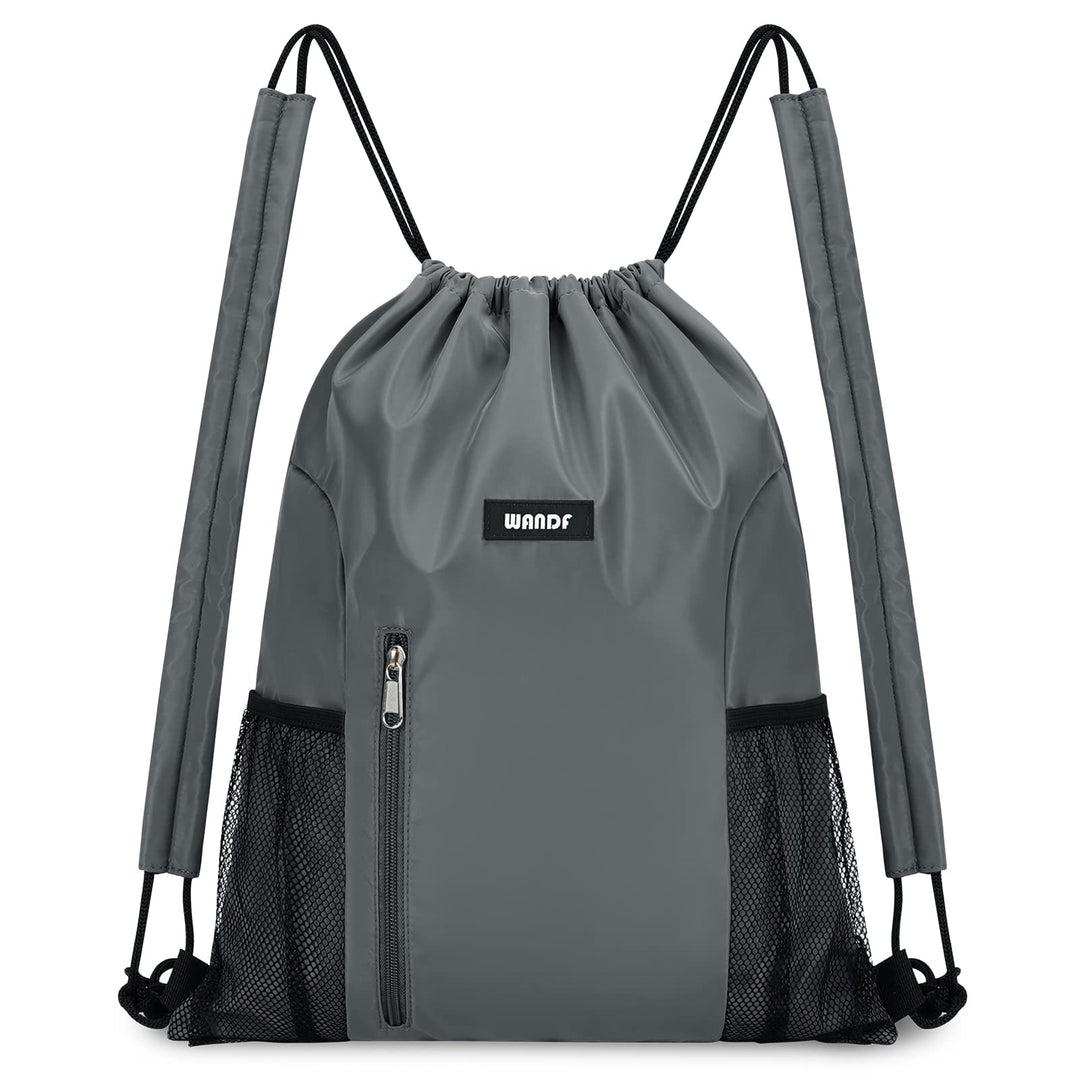 WANDF Drawstring Backpack with Shoulder Pad Sports Gym Backpack with Mesh Pocket String Bag for Women Men(Grey)