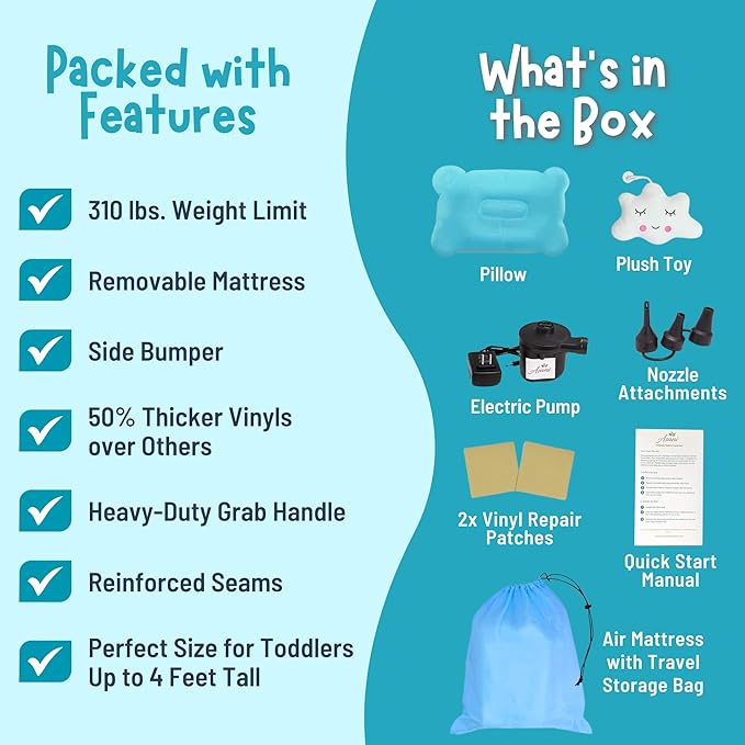 Asani Inflatable Toddler Travel Bed, Electric Pump, Leakproof Air Mattress, Bumpers, Carry Case, Pillow - Fits Kids Up to 4ft - Blue | Portable, Foldable, Ideal for Camping & Sleepovers