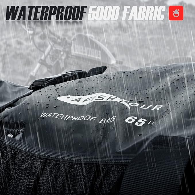 65L Waterproof Duffel Bag for Men and Women - Large Motorcycle Duffle Bag with Straps for Back Seat - Roll Top Dry Bag for Kayaking, Rafting, Boating, Swimming, Beach