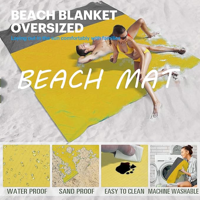 Beach Blanket Sandproof Waterproof, Beach Essentials Extra Large Beach Mat, 79" X 55" Oversized Durable Outdoor Picnic Mat Storage Bag for 1-4 Adults, Beach Accessories for Travel, Camping, Hiking