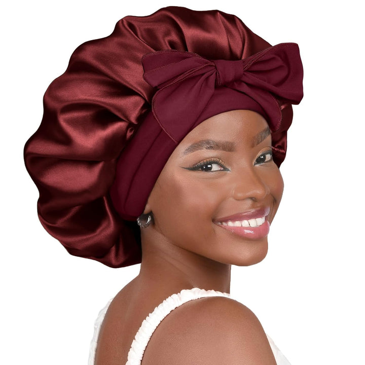 Silk Sleeping Bonnet for Women | Double Layer Satin Lined | Curly Hair, Black