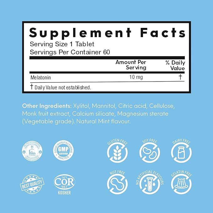 Melatonin 10 mg Tablets – Natural Sleep Aid Melatonin Supplement for Jet Lag, Helps with Sleep Cycle, Quick Dissolving Tablets for Restful Sleep – Mint Flavor 60 Tablets