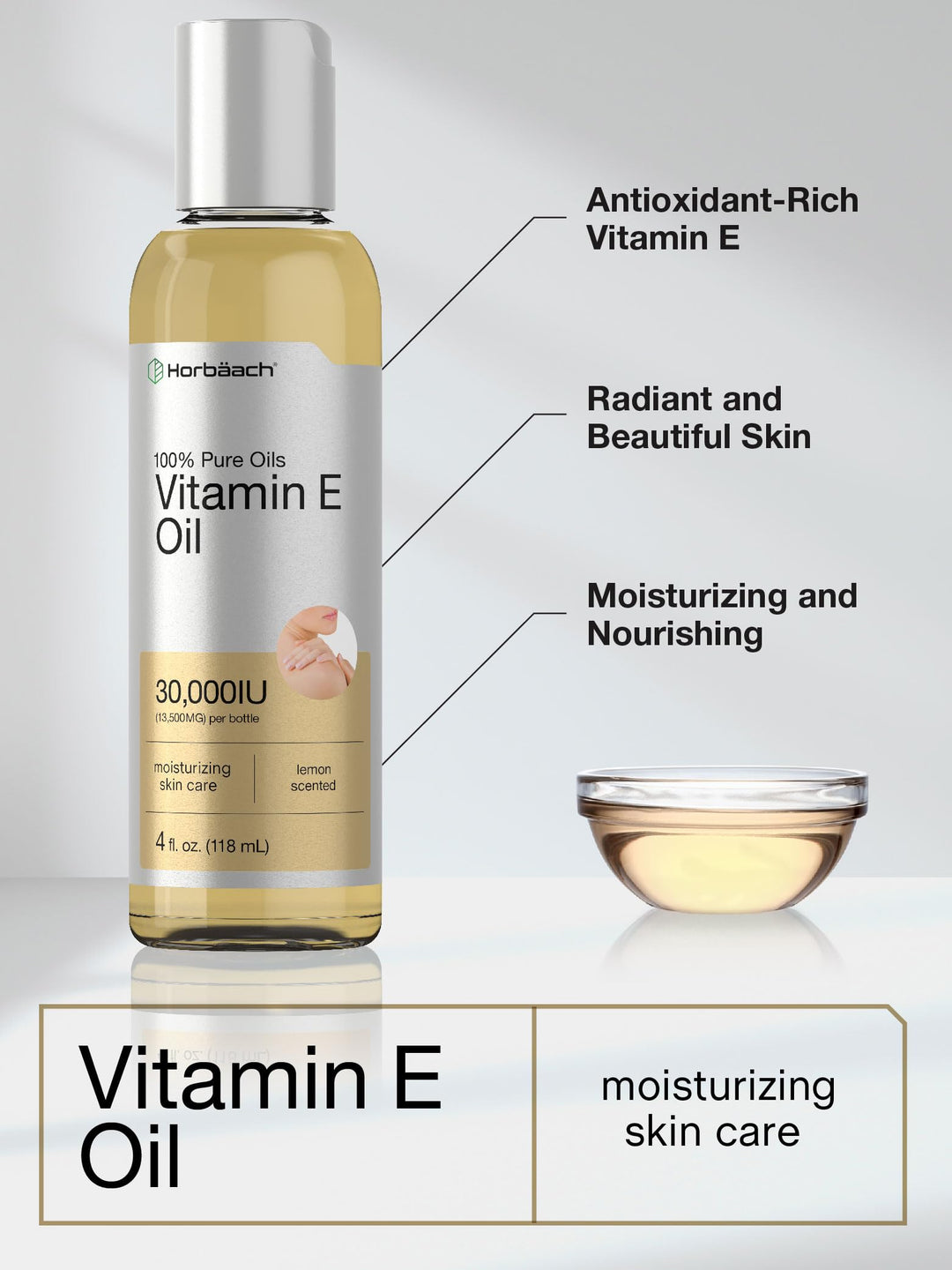 Horbäach Vitamin E Oil For Skin and Face | 30,000 IU | 4 fl oz | 100% Pure Oils | Moisturizing Skin Care | Non-GMO, Vegetarian | Lemon Scented