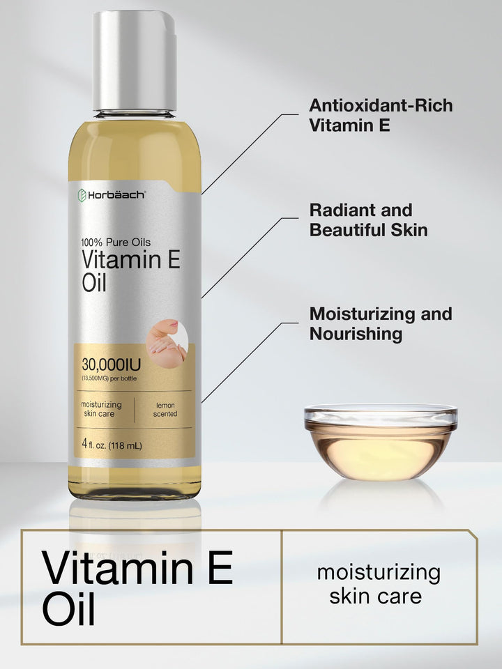Horbäach Vitamin E Oil For Skin and Face | 30,000 IU | 4 fl oz | 100% Pure Oils | Moisturizing Skin Care | Non-GMO, Vegetarian | Lemon Scented
