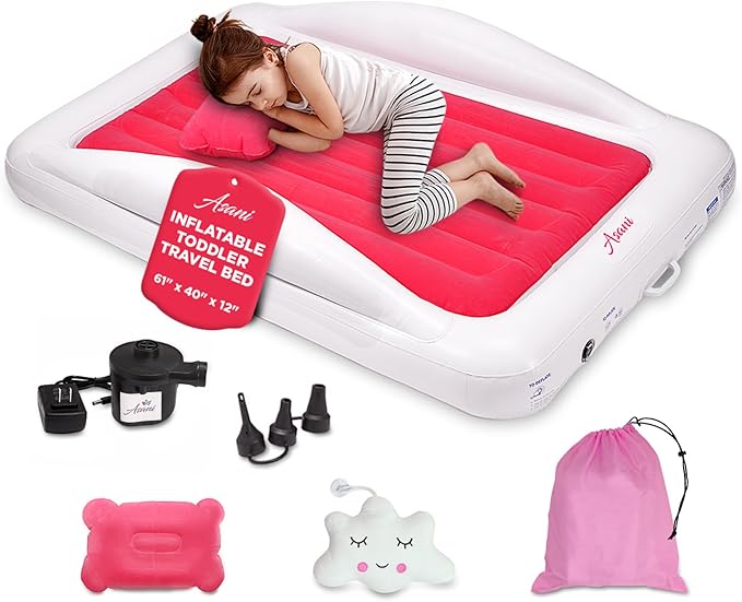 Asani Inflatable Toddler Travel Bed with Electric Pump, Leakproof Air Mattress w/Reinforced Protective Bumpers, Includes Carry Case and Pillow, Fits Kids Up to 4ft, for Camping & Sleepovers (Pink)