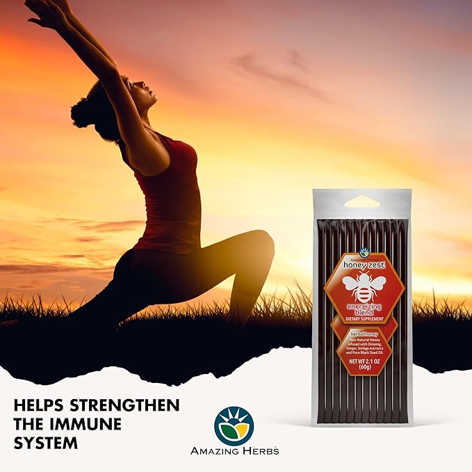 Amazing Herbs Raw Natural Honey - Herbal Honey Infused with Ginseng, Ginger, Ginkgo Extracts & Pure Black Seed Oil, Non GMO, Gluten Free Immune Booster - Honeyzest Energizing Straws, 12 Count