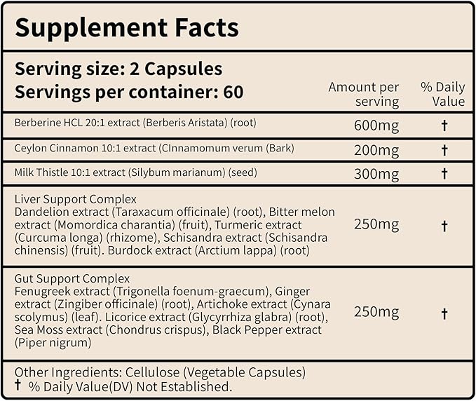 Berberine HCL+ Complex 1600mg - 120 Capsules - Supports Cardiovascular, Liver & Gut Health with Ceylon Cinnamon, Milk Thistle & Gut Blend - Third-Party Tested, Vegan, Non-GMO, Gluten-Free