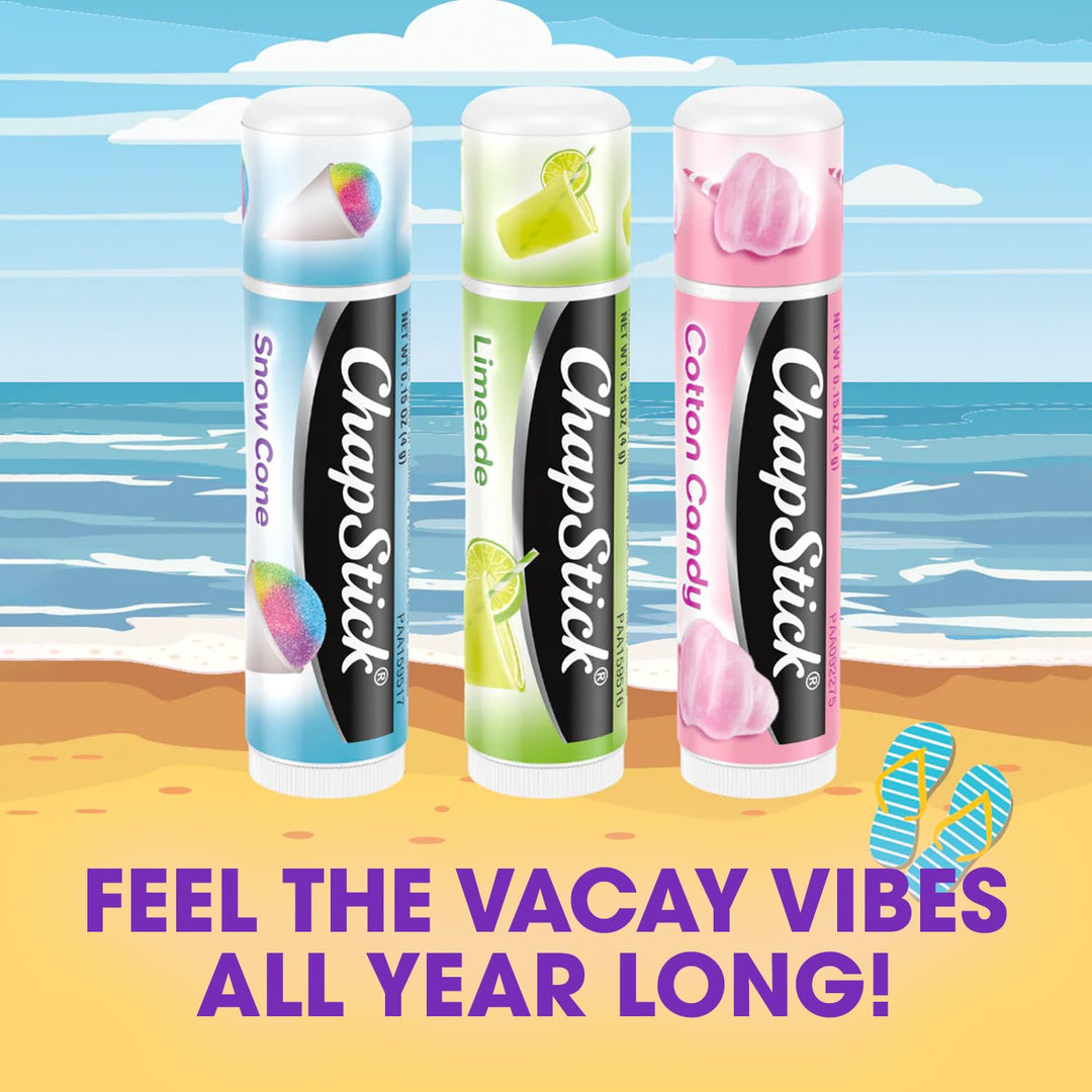 ChapStick Lip Care Set, Vacation Getaway Collection 3-Pack – Snow Cone, Limeade, Cotton Candy Lip Balm, 0.15 Oz Ea