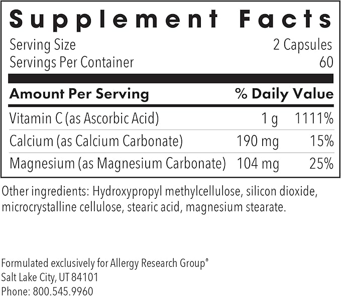 Allergy Research Group, Buffered Vitamin C - Antioxidant Supplements, Calcium and Magnesium Tablets, Daily Vitamins and Minerals, Vitamin C Capsules - 120 Capsules 1-Pack