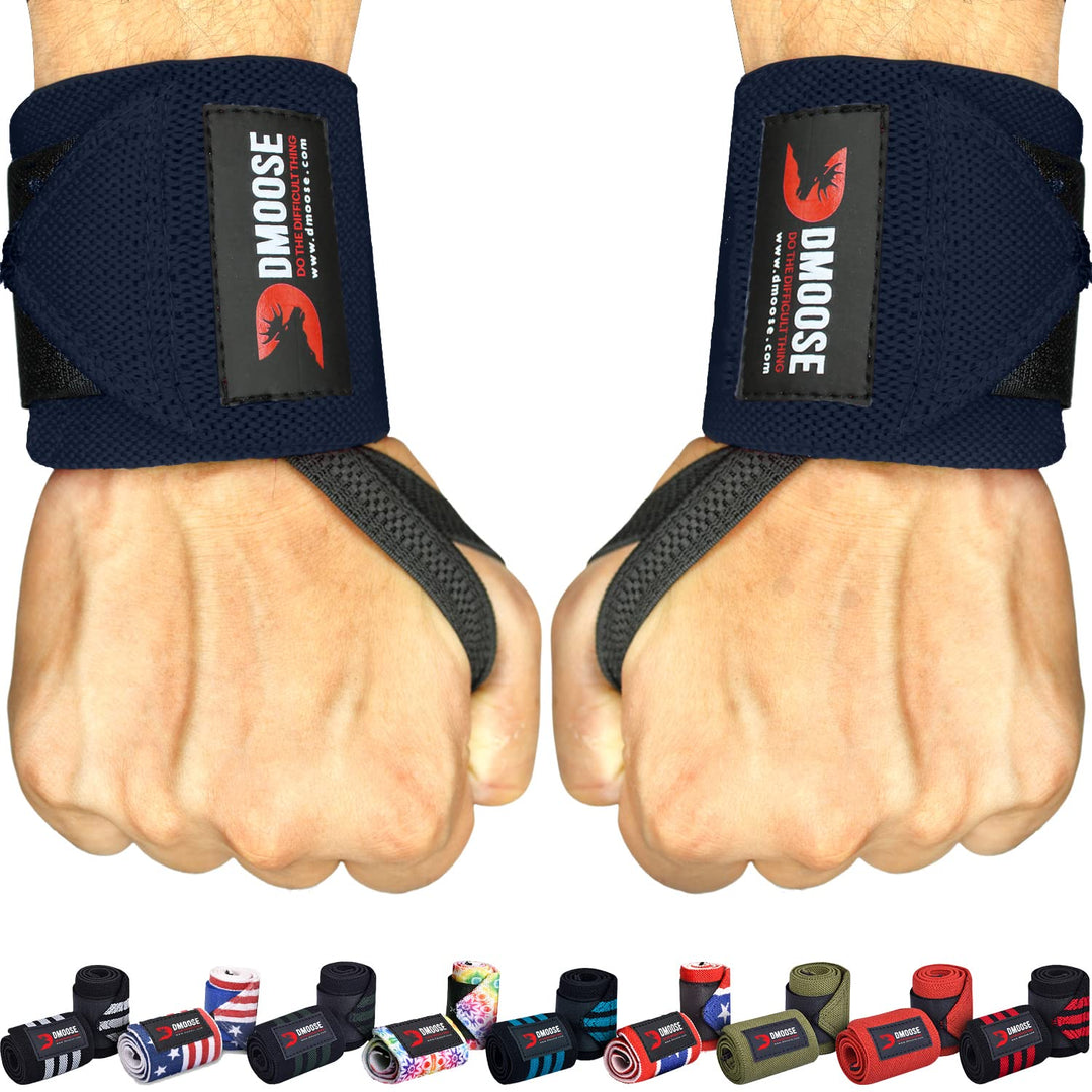 DMoose Wrist Straps for Weightlifting 12 and 18 Inches Thumb Loops with Wrist Support for Workouts Powerlifting Wrist Straps for Weight Lifting Men Women Navy Blue