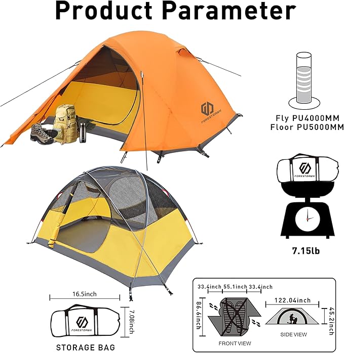 2 Person Camping Tent with 3 Aluminum Alloy Poles, 4 or 3 Season Waterproof Tent, Double Layer,Easy Setup, 2 Doors for Outdoor Hiking,Mountaineering,Survival,Travel