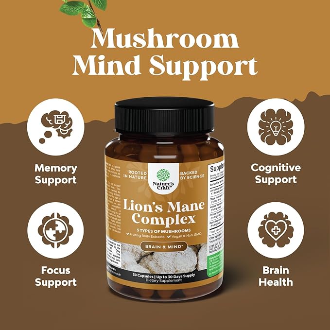 Advanced Lion's Mane Mushroom Supplement - Lions Mane Supplement Capsules with Reishi, Chaga , Maitake & Shiitake for Brain Health, Memory Support & Focus - Nootropic for Mental Clarity - 30 Caps