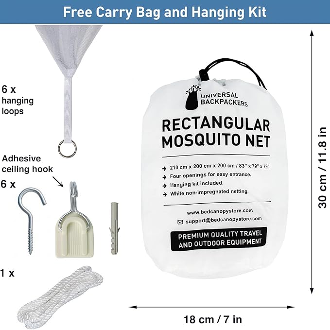 Mosquito Net for Single to King-Sized Beds – 4 Side Openings & 6 Hanging Loops – Decorative Rectangular Shape for Home & Travel – Bed Canopy Hanging Kit & Carrying Bag Included