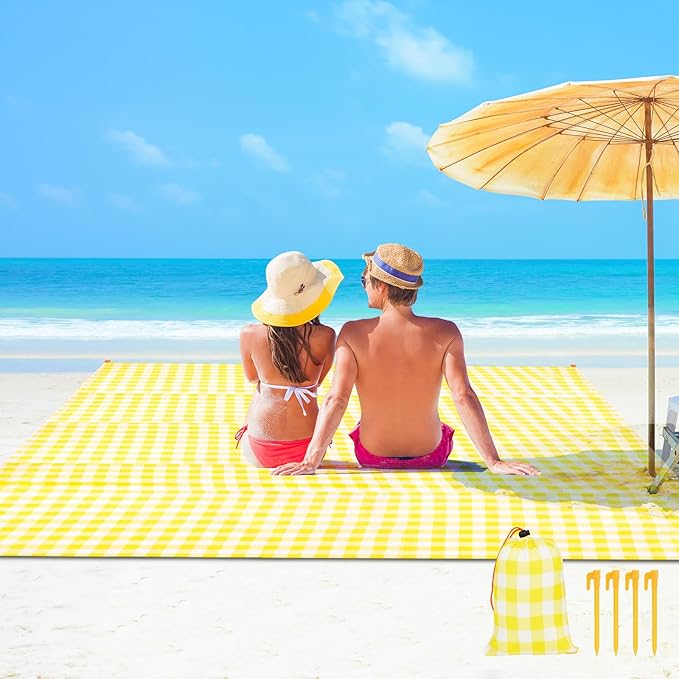 Beach Blanket Beach Mat, Sandproof Waterproof Beach Mat, Picnic Blanket, Extra Large 55x79 in (3-5 People) Picnic Blanket with 1 Storage Bag & 4 Fixed Nails for Beach, Camping, Hiking, Picnic