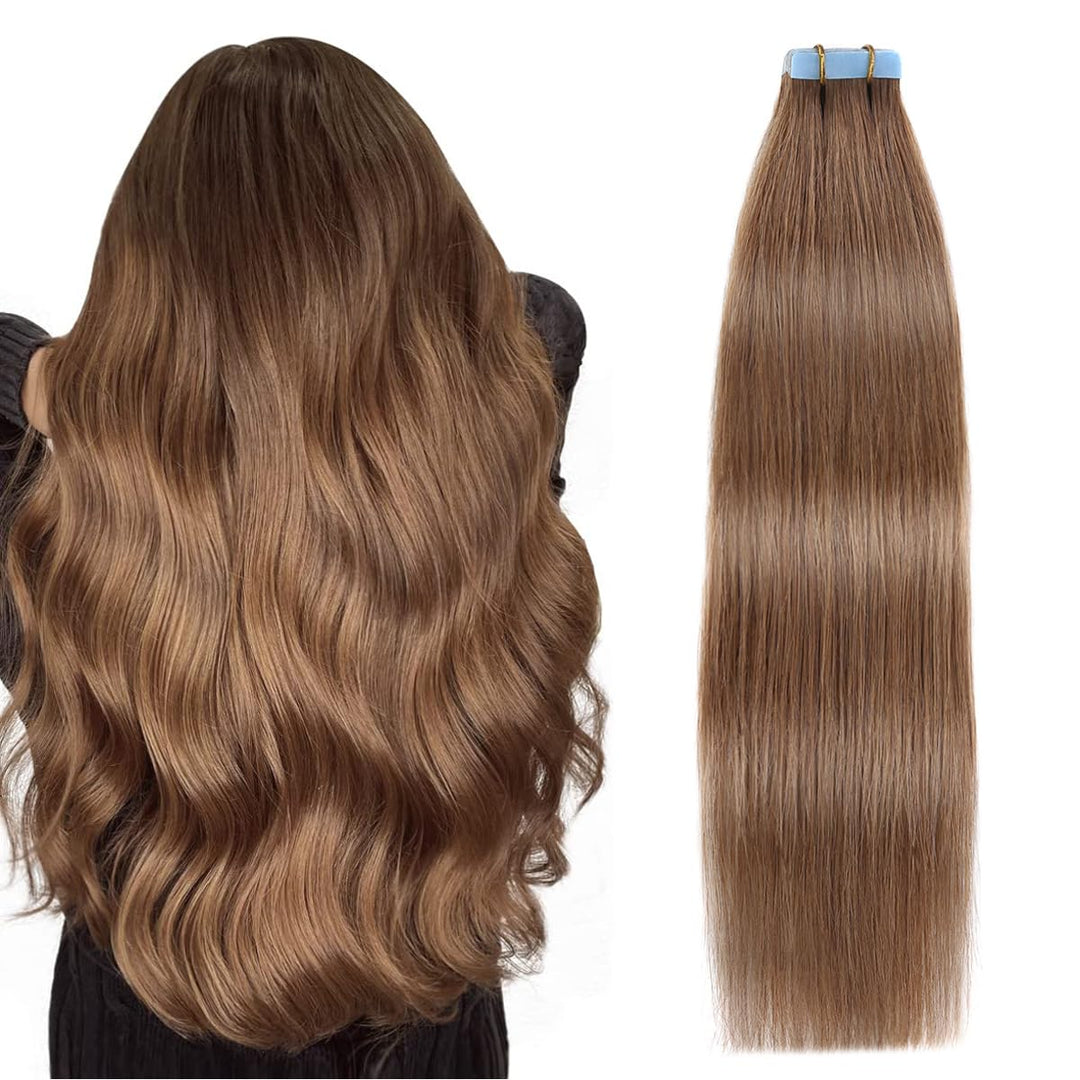 SUYYA Tape in Hair Extensions Chestnut Brown 100% Real Human Hair 12inches 20pcs 40g/pack Straight Seamless Skin Weft Tape Hair Extensions(12 inches #6 Medium Brown)