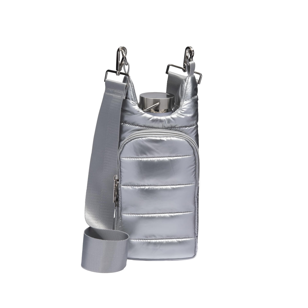 WanderFull Original Crossbody HydroBag | Quilted Water Bottle Carrier & Adjustable Strap | Puffer Tote with Two Pockets for Phone & Accessories | Carry Travel Essentials (Silver Shiny/Solid Strap)