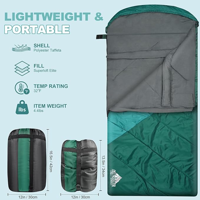AGEMORE Sleeping Bag for Adults, Double and Single Size, Lightweight Portable Camping Sleeping Bag with Draft Tubes, Fit for Warm & Cold Weather Camping Hiking Backpacking Or Traveling