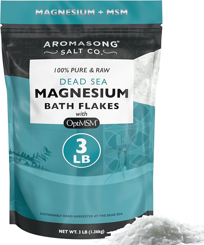 Aromasong RAW Magnesium Flakes + OptiMSM for Soaking 3 LB Resealable Pack - Muscle Relaxing Organic Bath Salts Magnesium Chloride Flakes, Mineral Soak.