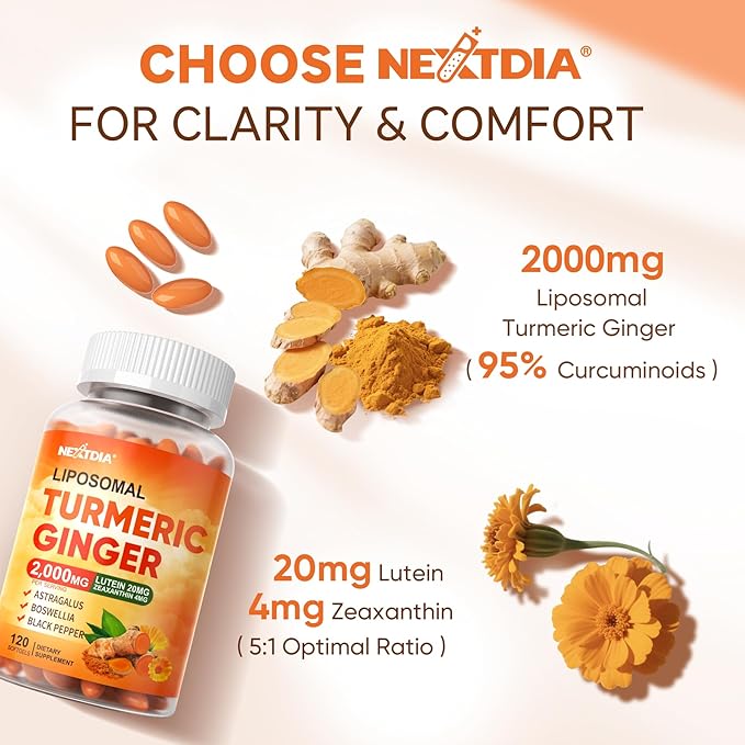 Liposomal Turmeric and Ginger Supplement 2000mg with Lutein 20mg Zeaxanthin for Women Men, Organic Turmeric Curcumin Complex Supplement for Eye, Digestive & Immune Support, Non-GMO, 120 Softgel Pills