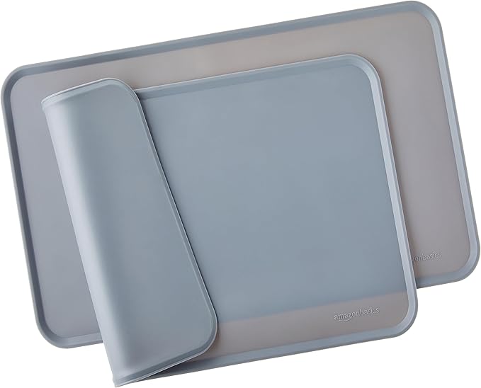 Amazon Basics Waterproof Anti-Slip Silicone Cat & Dog Food Mat, Pet Mats with Raised Edges for Food and Water Bowl to Protect Floors, 18.5 x 11.5 Inches, Gray, Solid - Pack of 2
