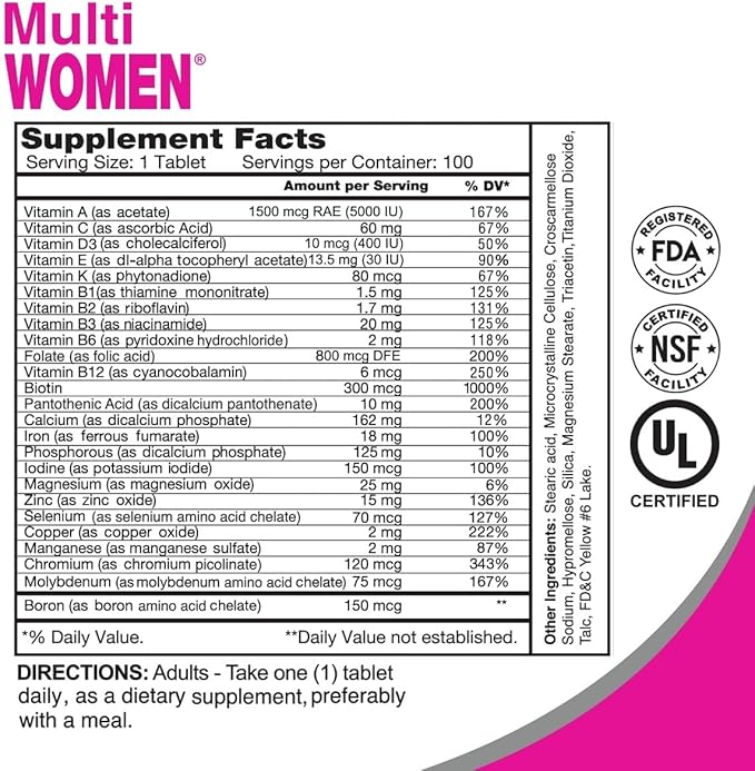 ALFA VITAMINS Multi Women Vitamins Dietary Supplement with Essential Vitamins & Minerals for Women - Amino Acids + Antioxidants - 100 Tablets (2 Pack)