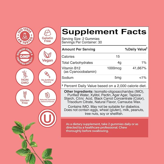 Vitamin B12 Gummies for Adults - Sugar Free Vitamin B12 1000 mcg Chewable Gums for Energy & Mood Support, Immune & Nerves Health - Kosher Non-GMO & Gluten Free Supplement for Women & Men - 60 Count