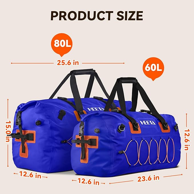 HEETA Waterproof Duffel Bag Motorcycle Dry Bag Backpack, Extra Large Rolltop Travel Duffle Bags with Straps & Handles for Kayaking Rafting Boating Canoeing Camping Gym Beach (Blue, 80L)