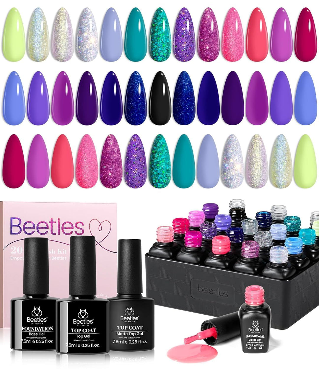 Beetles 20 Colors Gel Nail Polish Kit Midnight Euphoria Collection 23 Pcs Purple Blue Hot Pink Glitter Gel Polish Set Rainbow So