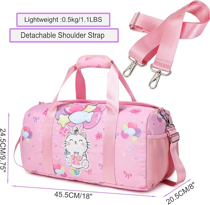 Duffle Bag Girls Kids Cute Cat Dance Bag Gym Bag with Shoes Compartment & Wet Separation Waterproof Sports Overnight Travel Bag