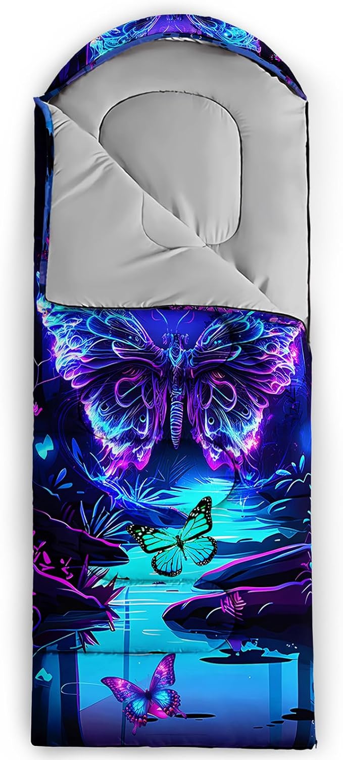 AILONEN Kids Floral Cat Camping Sleeping Bags,Lightweight & Waterproof,3 Season Warm & Cool Weather,Kawaii Kitten Sleeping Bags for Girls Adults,Travelling,Outdoors