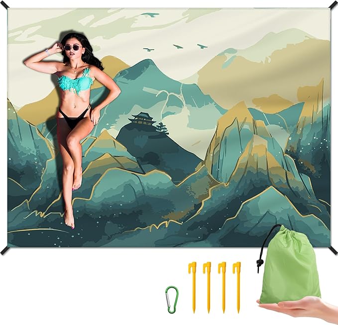 Beach Blanket Waterproof Sandproof Large Beach Mat 83" X 106" for 5-7 Adults Sand Free Mat Quick Drying,Oversized,Lightweight & Durable with 4 Stakes & 4 Corner Pockets for Beach Camping .(Mountain)