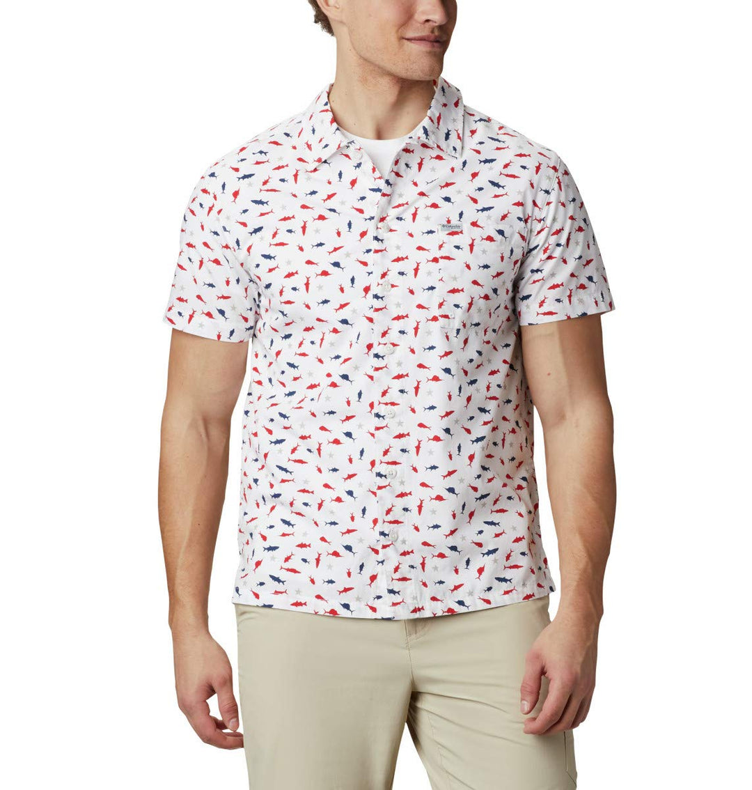 Columbia Men's Standard Trollers Best Short Sleeve Shirt, White Americana Print, X-Large