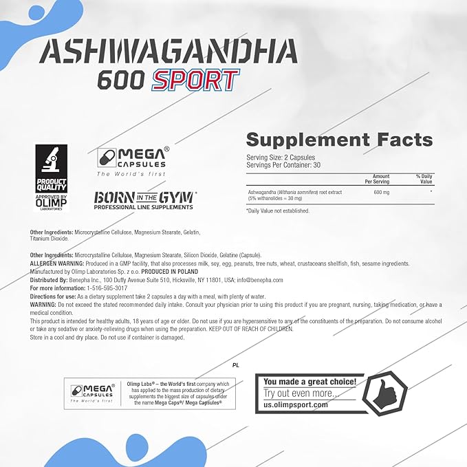 Ashwagandha 600 Sport Caps. Organic Ashwaganda Root Extract (KSM-66) High Dose (60 Capsules)