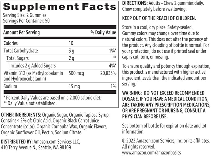 Amazon Basics Vitamin B12 500 mcg Gummies - Normal Energy Production and Metabolism, Immune System Support, Raspberry, 100 Count (2 per Serving) (Previously Solimo)
