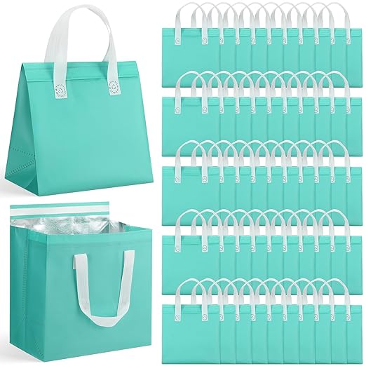 50 Pcs Insulated Take Away Bags Bulk Thermal Insulation Food for Coffee Milk Tea Hot Cold Food Fresh Seafood Cooler Pizza Delivery Bags for Catering Restaurant Grocery (Light Green)