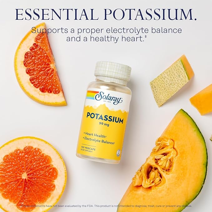 Solaray Potassium 99 mg - Electrolyte Balance Formula - Potassium Supplement for Electrolytes, Vascular and Heart Health Support - 60-Day Money Back Guarantee, Lab Verified, 100 Servings, 100 VegCaps