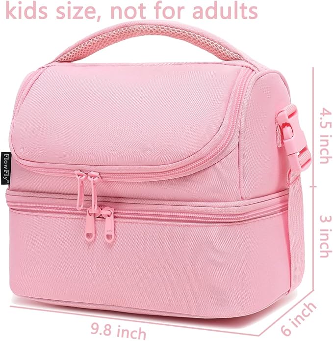FlowFly Double Decker Cooler Insulated Lunch Bag Large Tote for Boys, Girls, Men, Women, With Adjustable Strap,Pink