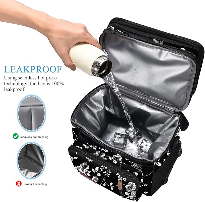 MIYCOO Lunch Bag for Women Men Double Deck Lunch Box - Leakproof Insulated Soft Large Lunch Cooler Bag, (White Flower,15L)