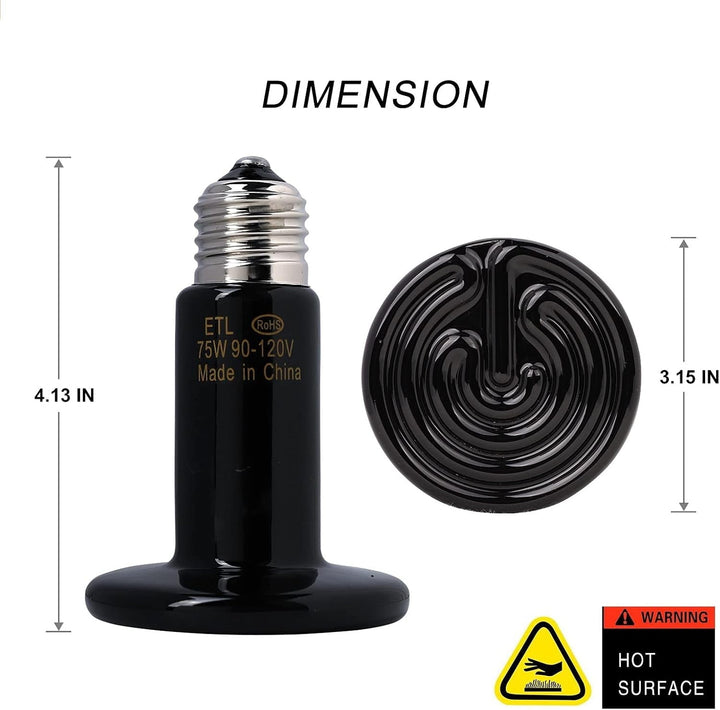 75W Ceramic Heat Lamp, Infrared Reptile Heat Emitter Heater Lamp Bulb for Pet Brooder Coop Chicken Lizard Turtle Snake Aquarium, No Light Emitting No Harm - 2 Pack