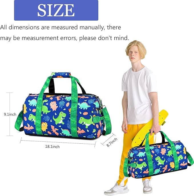 LOIDOU Duffle Bag for Boys Sport Gym Bag Kids Overnight Bag Girls Weekender Bag with Wet Pocket & Shoe Compartment (Dinosaur Navy)