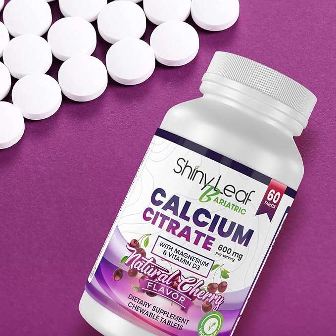 Shiny Leaf Bariatric Calcium Citrate Chews - 600mg, with Vitamin D 3 Plus Magnesium - Chewable Supplements for Women and Men, Bariatric Patients Vitamins for Bone and Joints Health, 180 Count, Cherry