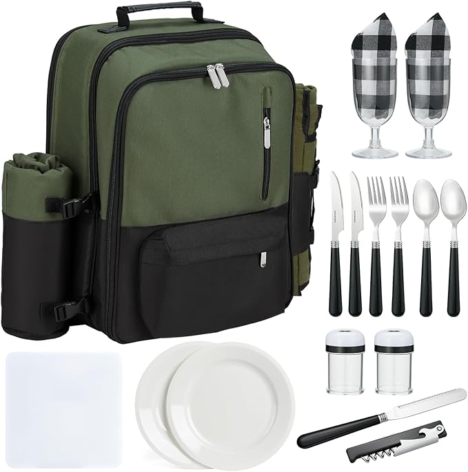 Couple Gifts 24L Picnic Basket Set, Green Insulated Picnic Backpack for 2, Leak Proof Cooler Camping Gifts, Cool Bridal Shower Gifts Anniversary Engagement Wedding Gifts for Couples, Mr and Mrs Gifts