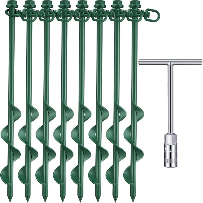 Zhengmy 8 Pcs Ground Anchors Screw in, 12 Inch Heavy Duty Tent Stakes with Trampoline Anchor Hook Ground Stakes for Camping Tent Canopies Ports Sheds Swing Sets Securing Animals (Green)
