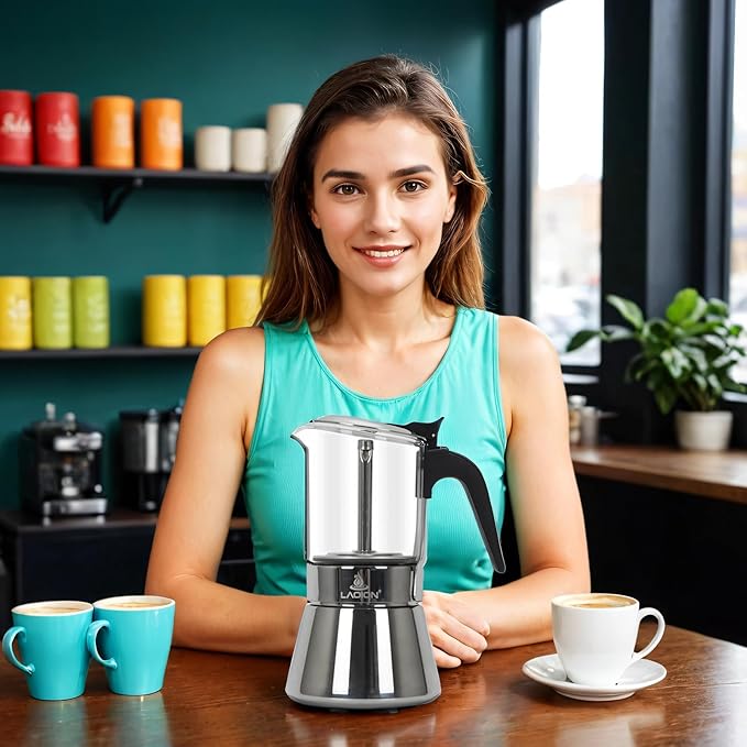 Stovetop Espresso Maker, 6Cup 240ml Classic Moka Pot, Crystal Glass-top & Stainless Steel Coffee Maker Mocha Pot, Greca De Cafe, Cuban and Italian Coffee Maker for Cafetera Cubana